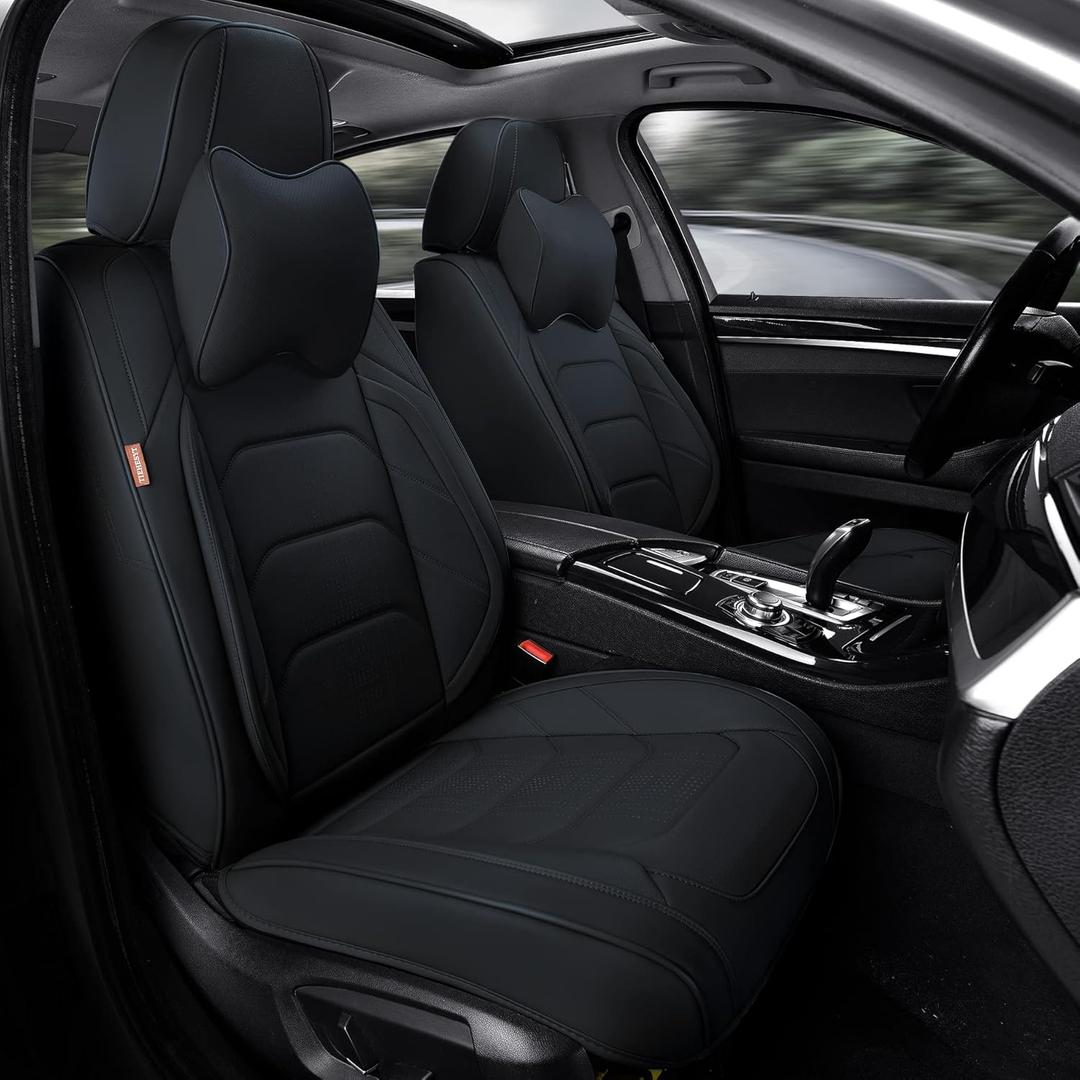 Black Car Seat Covers Front Pair, Breathable Leather Automotive Front Seat Covers & Headrest for Comfortable Driving, Universal Auto Interior Fit for Most Kinds of Vehicles, SUV, Sedans