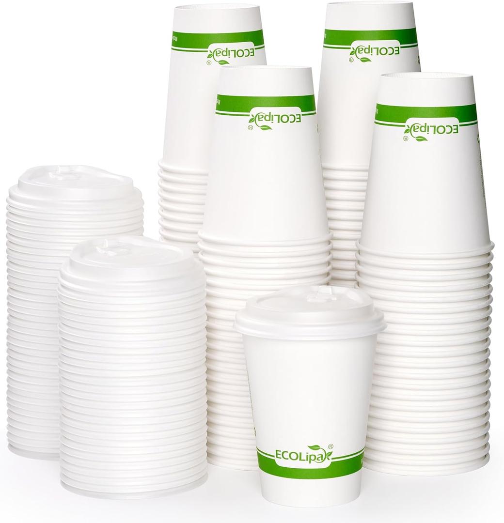 ECOLipak 100 Count 12 oz Compostable Paper Coffee Cups, Biodegradable Disposable Coffee Cups with CPLA Lid, Eco-friendly Hot Drinking Cups for Party, Picnic, Travel, and Events