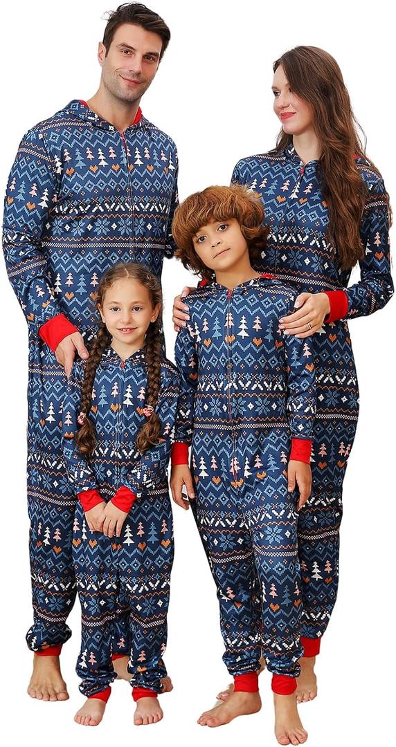 Family Matching Christmas Onesie Pajamas, Hooded One Piece Xmas Pajamas Onesie Adult Pajama Sleepwear (8-10 Years, Blue Snowflake)