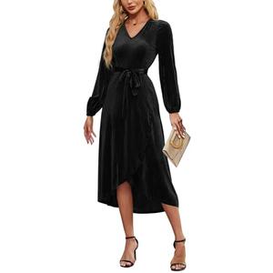 ETOSELL Women's Velvet V Neck Puff Sleeve Dress for Wedding Guest Cocktail Elegant Bodycon Party Midi Dress XL