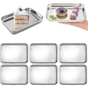 Lyellfe 6 Pack Small Stainless Steel Plates, 7''L x 5''W Mini Metal Food Tray Plate, Portable Size Baking Sheets for Oven, Food Safe Smooth Polished for Picky Eaters, Campers, Hand Project