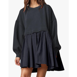 NUFIWI Women Casual Patchwork Sweatshirt Dress Long Sleeve Active Baggy Wrinkle Short Dress Casual Loose Fit Tunic Dress, Size L