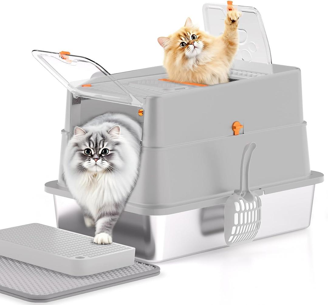 Stainless Steel Litter Box with Lid, XL Enclosed Cat Litter Box for Big Cats, Easy to Clean High Sided Metal Kitty, Front & Top Entry, Scoop, Mat& Foot Pedal - Grey