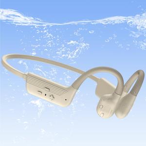 Swimming Headphones Soft Silicone, IP68 Waterproof Bone Conduction Headphones, 32GB MP3 Player & Bluetooth 5.4 Wireless Sport Earbuds, Secure Open Ear for Swimming, Running, Sports（Beige）