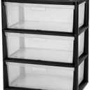 3 Drawer Storage Tower, Wide Plastic Floor Organizer with Clear Bins, Black | Transparent plastic drawers, complete three-sided visibility, quick craft and office file sorting, sleek bedroom organizer
