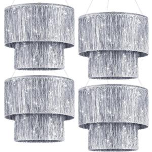 Rossesay 4 Pcs 2 Tier Fringe Tinsel Chandelier Iridescent Foil Party Disco Ball Decor Chandelier Decoration Metallic Foil Shimmering Bachelorette Party Decor Photo Booth Supplies (Silver)