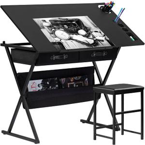 VECELO Drafting Table Art Desk Art Table Adjustable Drawing Table Tilted Tabletop with 2 Storage Drawers and Stool, Drawing Desk for Artist Painters Drawing, Crafting, Reading, Writing, Black, 40.2" L x 23.7" W x 29.5" H