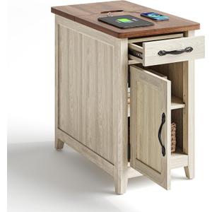 LINSY HOME Farmhouse End Table with Charging Station, Narrow Side Table for Living Room, Sofa Side Table with Drawer and Storage Cabinet, Small Nightstand for Home Office (Wood Door, Washed Grey and Brown)