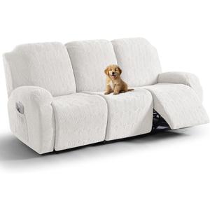 VANSOFY Recliner Couch Cover, 8-Pieces Stretch Recliner Sofa Cover Soft Jacquard Reclining Slipcover Furniture Protector with Elastic Bottom for Kid, Pets(3 Seat,Porcelain White)