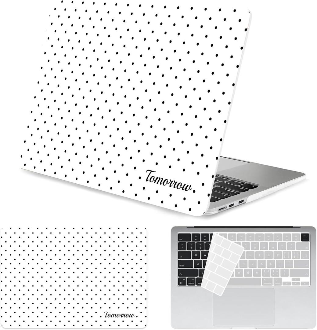 Seorsok Compatible with New MacBook Air 13.6 inch Case M4 M3 M2 2025 2024-2022 Release A3240 A2681 A3113 Touch ID,Premium Cream Textured Black Polka Dot Plastic Hard Shell Case&Keyboard Cover,White