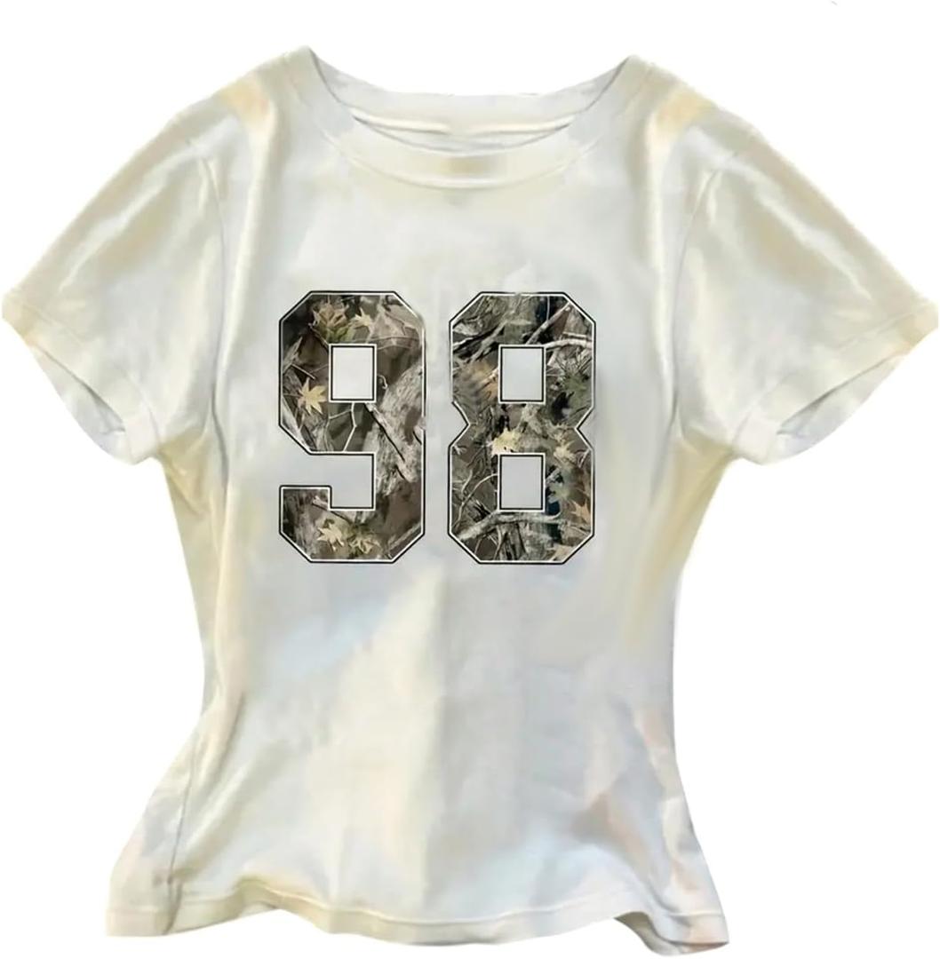 RoseSeek Girl's Number Graphic Tees Camo Print Short Sleeve Casual Summer T Shirts (White)
