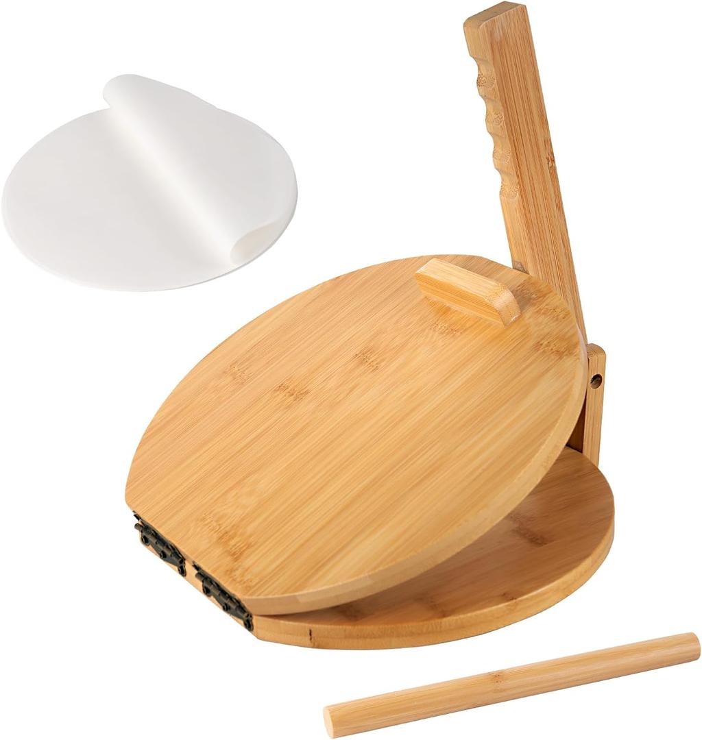 Wooden Tortilla Press 10 Inches with Rolling Pin & 50 Pcs Parchment Paper Mexican Tortillera Presser Homemade Tortillas Roti Pataconera Dough Press