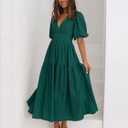 Women's Summer Deep V Neck Puff Short Sleeve Tiered Maxi Dress Flowy A Line Long Dresses (Green, L)
