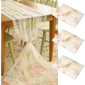 Lounsweer 3 Pcs Wildflower Table Runner 10ft/ 29 Inch x 120 Inch White Embroidery Wildflower Spring Summer Tulle Lace Runner DIY Table Decor for Wedding Party Baby Shower Holiday Dining (Apricot)