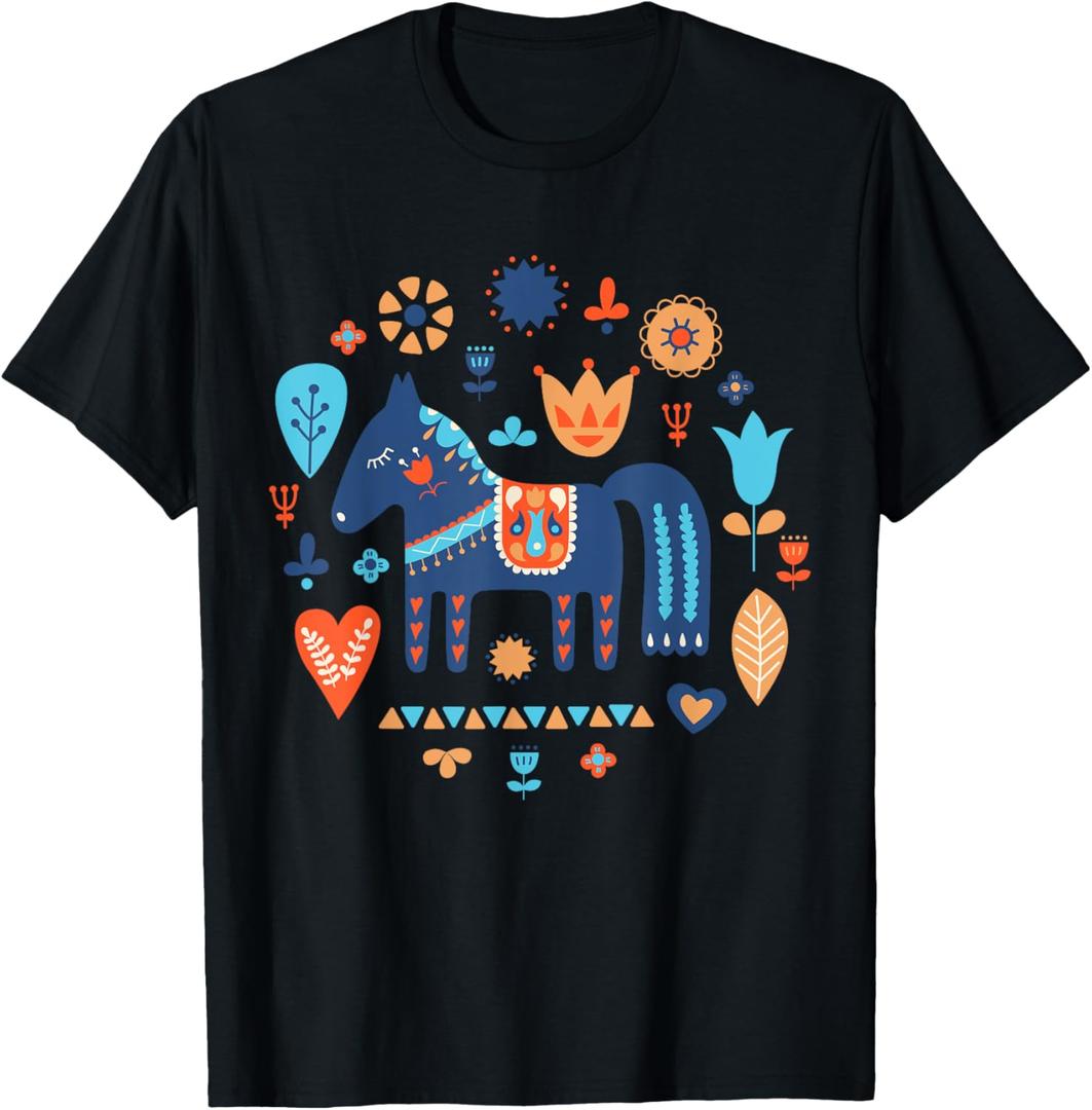 Swedish Dala Horse Dalecarlian Nordic Tradition Sverige Folk T-Shirt (Small, Black)