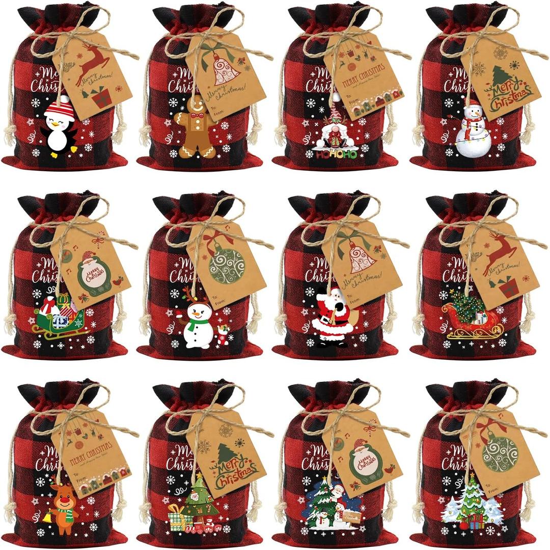 Aviski 60PCS Cotton Small Christmas Drawstring Candy Treat Bags Buffalo Plaid Xmas Xmas Christmas Fabric Goody Gift Sacks Reusable Gift Wrapping Bags Holiday Party Favors - Red/Black