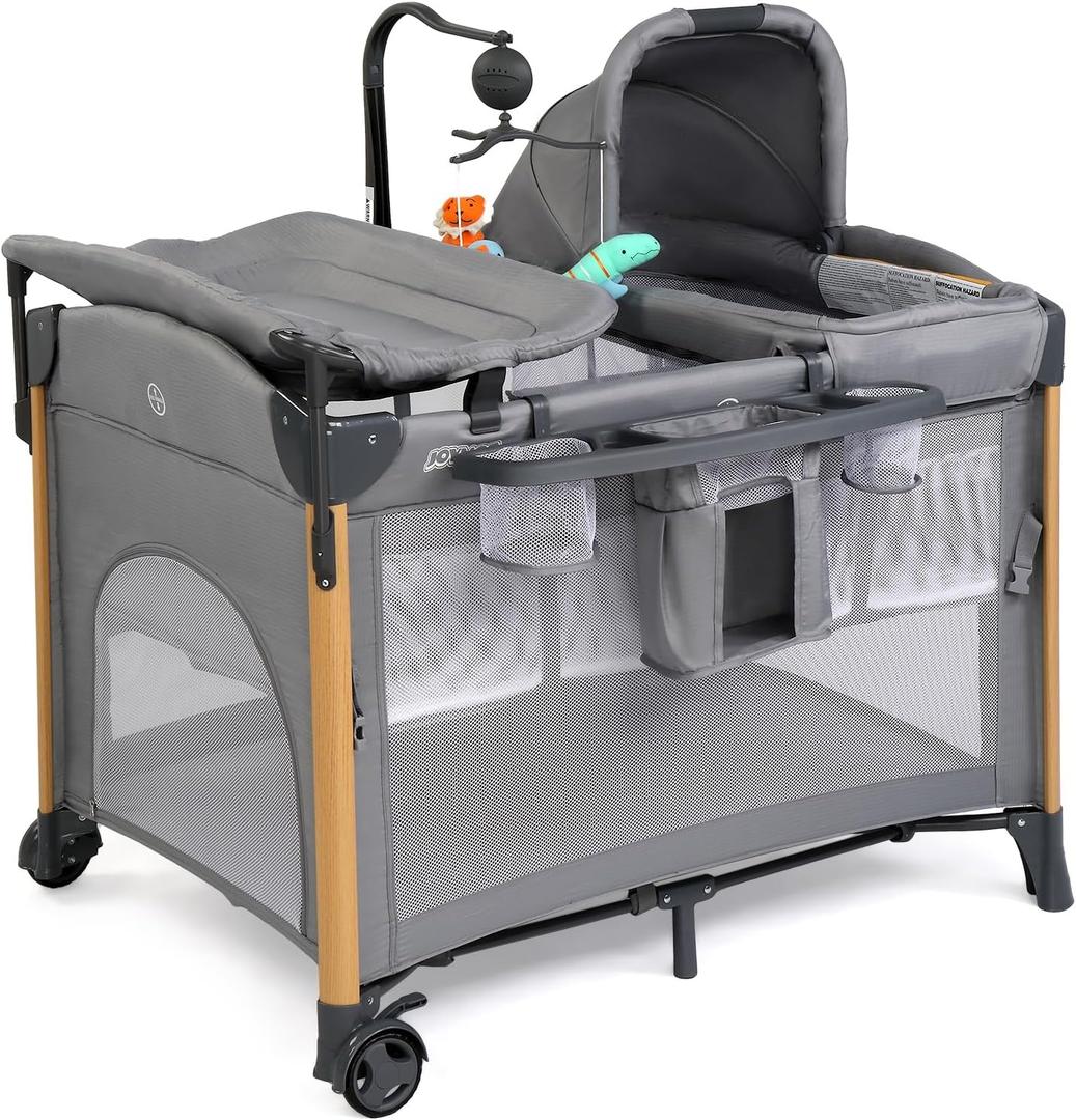 JOYMOR 7 in 1 Bedside Bassinet with Changing Table, All in One Nursery Center, Bedside Sleeper with Mattress, Sheet, Canopy, Storage Shelf,Gray, 43*30*33 inch