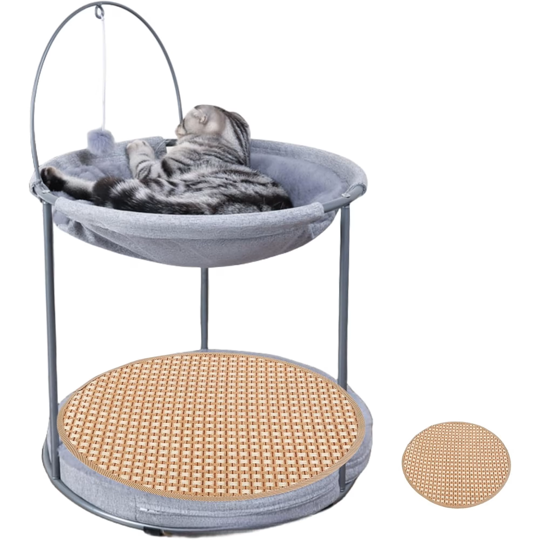 Cute Cat Hammock Bed Double Layer Free-Standing Pet Perch Easy Assembly 18 Inches x 18 Inches Cat Couch Metal Frame with Cooling Mat for Indoor Cats Small Dogs up to 20 lbs (Grey,2 Layers)