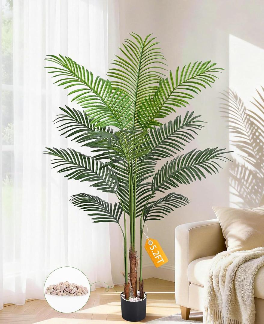 5.2 FT Artificial Plants Indoor, Tall Plant Palm Tree with Weighted Planter, Tropical Fake Tree with Realistic Leaves & Trunks for Home Office Living Room Bedroom Indoor Outdoor Decor (Green)