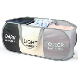 Seefoo 3-Section Foldable Hamper for Laundry, Collapsible Laundry Baskets with Easy Carry Handles, Space-Saving Clothes Pop Up Hamper with Dark/Light/Color Sorting Labels for Home, Travel, Dorm