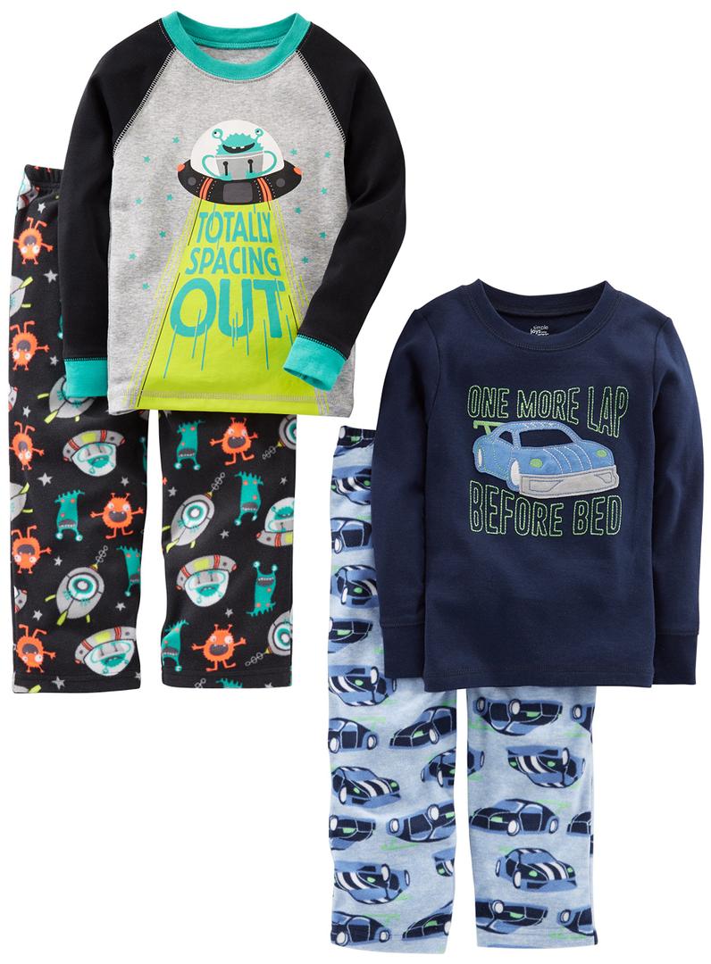 Simple Joys by Carter's Boys' Toddler 4-Piece Pajama Set (Cotton Top & Fleece Bottom), Aqua Blue Trucks/Black Dinosuar/Cobalt Blue/Grey Construction, 4T 