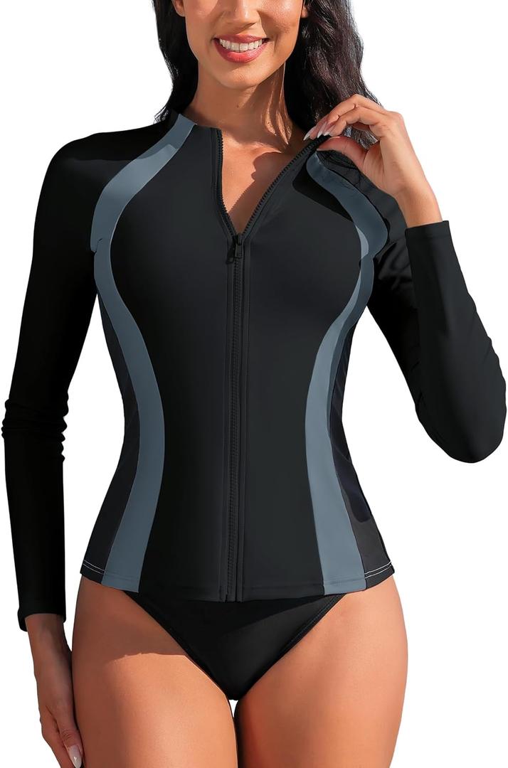 ATTRACO Womens Rash Guard Long Sleeve UV Protection Swimming Jackets Front Zip Swimsuits Black M