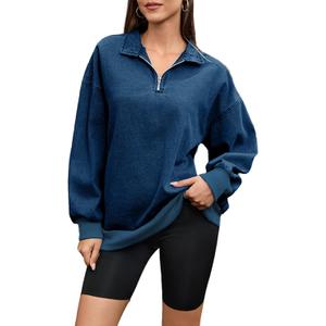 Women's Half Zip Denim Sweatshirts Fashion Long Sleeve Shirt Jean Pullover Hoodies (Large, Dark Blue)