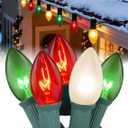 25ft Red White and Green Outdoor Christmas Lights,C9 Clear Incandescent Christmas Lights with 26 Multicolor Bulbs,Waterproof String Lights Plug in for Roofline Tree Garden Decor