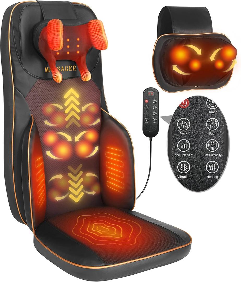 MAIBOLE Shiatsu Neck and Back Massager with Heat, Back Massager for Chair with 2 Detachable Interchangeable Massage Heads, Traveling Full Back Massage, Heated Vibration Seat, Gifts for Mom Dad
