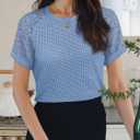 Women's Waffle Knit Tops Going Out Short Sleeve T Shirts Trendy Summer Tunic Casual Hollow Out Crochet Blouses (Blue, M)