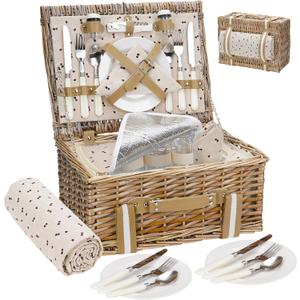 Willow Picnic Basket Set for 4 Persons with Large Insulated Cooler Bag and Waterproof Picnic Blanket, Wicker Picnic Hamper for Camping, Outdoor, Valentine Day, Chirtmas, Thanks Giving, Birthday (16x12x7.5inch, Beige Flower)