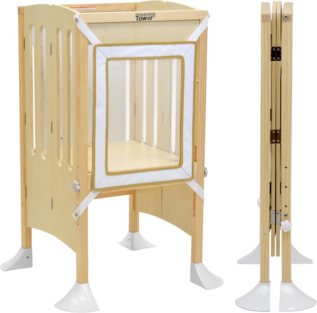 Little Partners Grow 'N Stow Folding Learning Tower, Adjustable Montessori Kitchen Counter Toddler Platform for Cooking, 35" H x 23.25" W x 23" D, Ages 18 mos. to 6 yrs., Natural