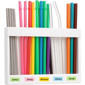 Acrylic Straw Holder for Cabinet Doors - No Drill Adhesive Organizer with Strong Tape Transparent Kitchen Dispenser for Tumbler Straws, Space-Saving Countertop Storage (White)