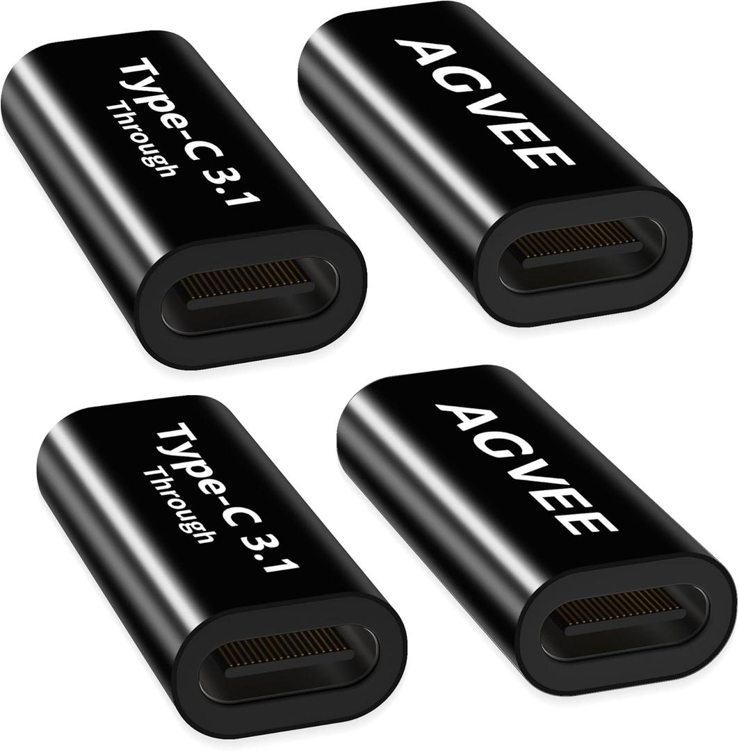 AGVEE 4 Pack USB-C Female to Female Bidirectional Adapter, PD 100W USB 3.2 Gen 2, Type-C USBC 10G Data Coupler Extender Extension Converter Connector, Black