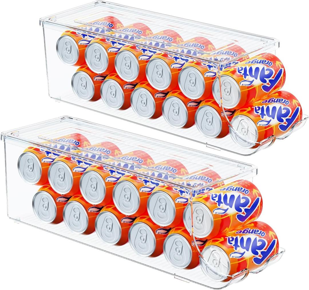 2 Pack Soda Can Organizer for Refrigerator, Stackable Canned Food Pop Cans Container Can Holder Dispenser with Lid for Fridge Rack Freezer, Clear Storage Bins-Holds 12 Cans Each (Clear)