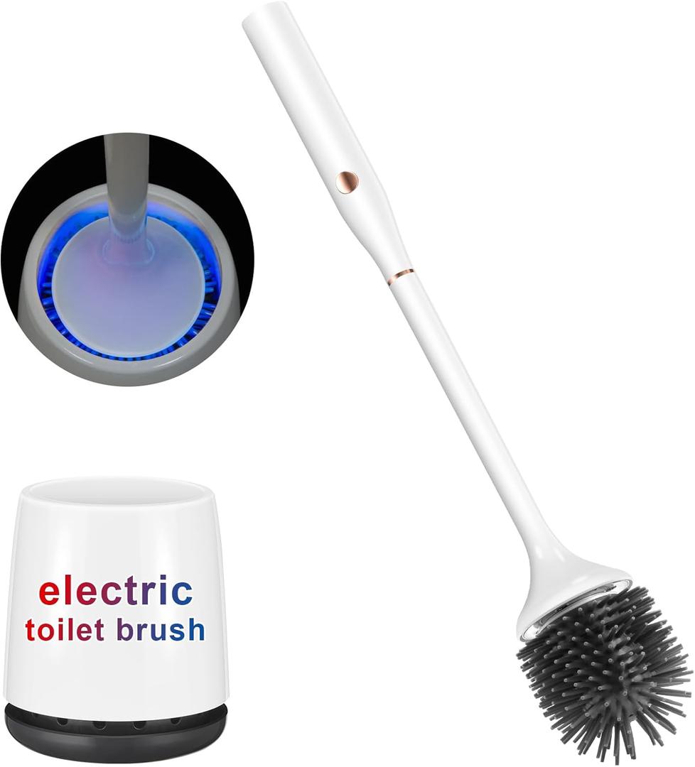 Electric Toilet Brush and Holder Set, Toilet Bowl Brush, Wireless Electric Spin Scrubber, with Silicone Brush Head Self-Cleaning Light and Ventilated Slot Base, USB Charging Cable, Wall Mount Sticker