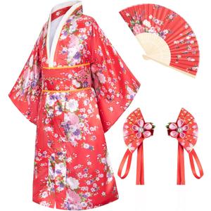 Japanese Traditional Dress Kimono Robe for Kids Girls Costume (6-7Years(130cm), Type1-red)
