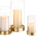 Hewory Hurricane Candle Holder for Pillar Candles: Gold Votive Candle Holders Set of 3, Glass Hurricane with Metal Candle Plate, Pillar Candle Holder for Table Centerpiece Wedding Holiday Home Decor