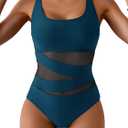 B2prity Women's Mesh One Piece Swimsuit Tummy Control Sexy Bathing Suit Push Up Swim Suit Slimming Swimwear (Teal Green)