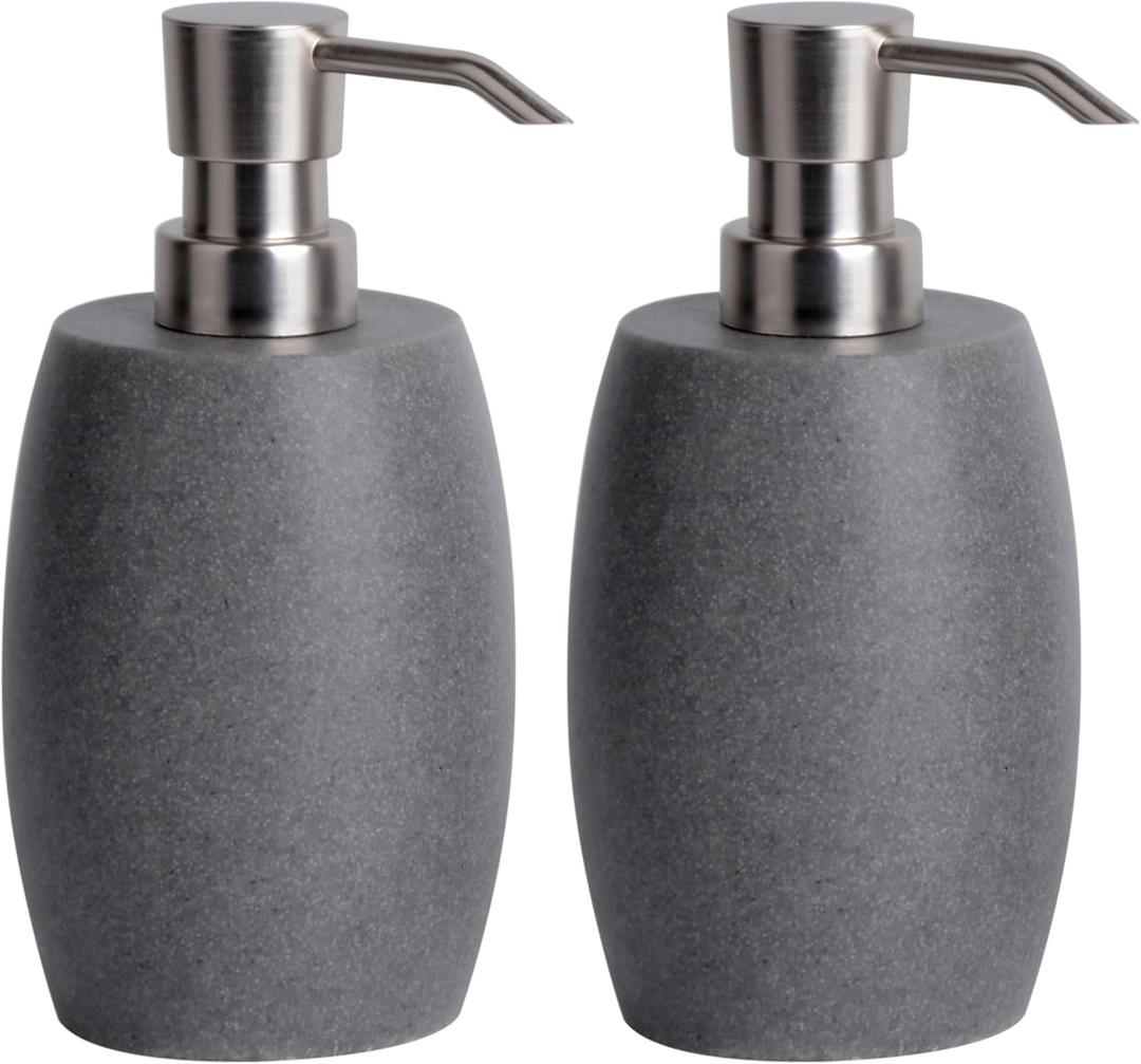 Sandstone Textured Resin Soap Dispenser with Metallic Pump and Waterproof Bottle Labels for Bathroom Kitchen Dish Hand Wash Shower Lotion Shampoo, 12 Oz, 2 Sets Gray