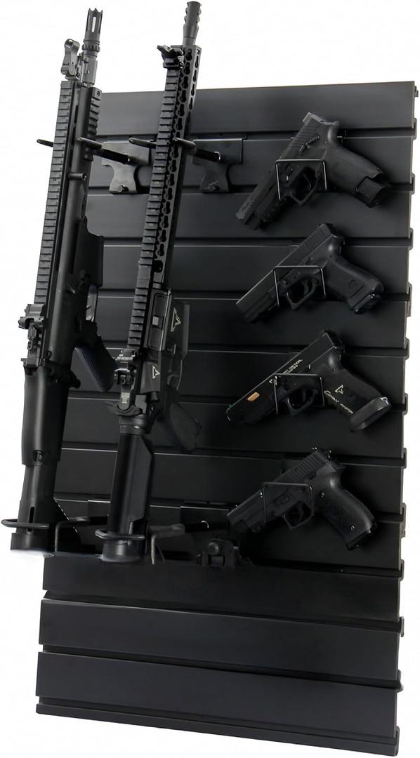 Gun Rack Wall-Mounted Upgraded, Tactical Rifle, Shotgun, Carbine, Handgun Storage Heavy-Duty PVC Panels & Steel Wall Racks, Modular Firearms Organizer, Securely Holds up to 2 Rifles & 4 Pistols
