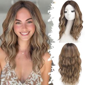 Eawwii Ombre Light Brown With Blonde Short Wavy Wig for Women Lace Hairline Bob Style Synthetic Heat Resistant - Natural Appearance for Everyday Hairstyle 18 Inch