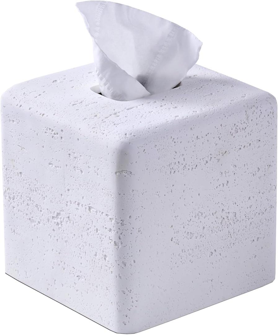 White Natural Travertine Textures Square Tissue Box Cover Holder, Resin Tissue Box Holder Decorative for Bathroom, Vanity, Kitchen Countertop, Bedroom Night Stands, Office Desk Top (Medium)