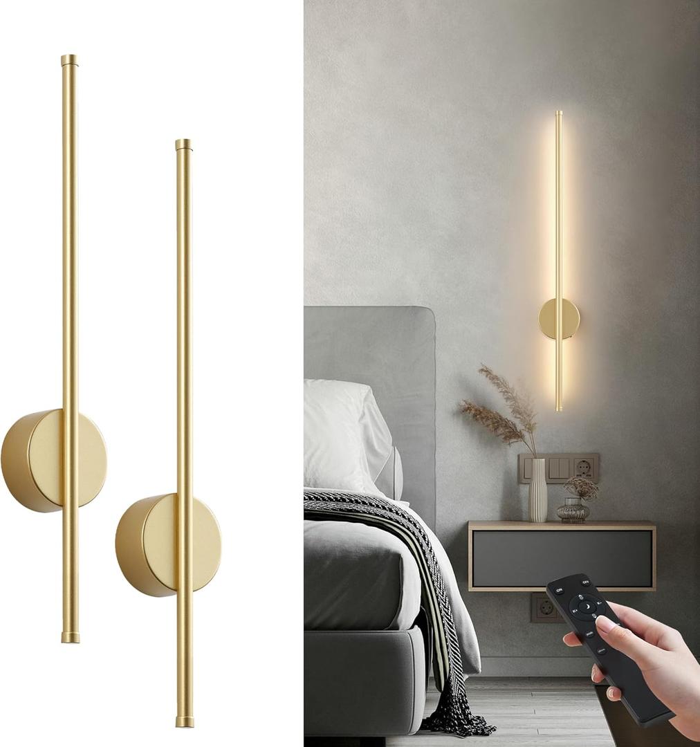 Battery Operated Modern Wall Sconces,Dimmable Wireless Wall Light Set of Two with Remote Control,3 Color Temperatures,Rechargeable LED Wall Sconce for Bedroom,Living Room,Hallway,23.6 Inch, Gold