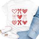 Valentines Shirt for Women Romantic Love Heart Bow T-Shirts Valentine Day Lover Tee Tops (White, L)