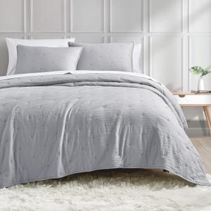 BOURINA Embroidery Quilt Set 3-Piece Full/Queen Quilt Set Pre-Washed Microfiber Ultra Soft Lightweight Star Embroidery Bedspread Coverlet Set, Grey