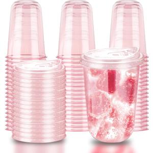 16oz Disposable Stemless Glasses With Strawless Sip Lids,PET Disposable Drinking Cups,Clear Plastic Wine Glasses for Parties Birthday,Wedding,Meeting,Christmas Party Supplies (50, Pink)