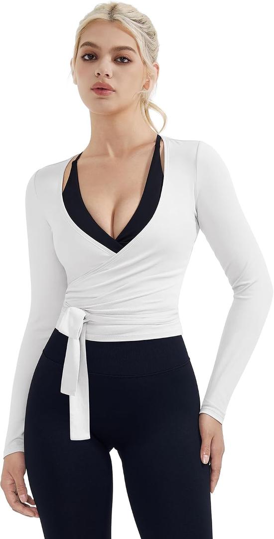 SUUKSESS Women Pilates Wrap Workout Cropped Top Ribbed Long Sleeve V Neck Tie Front Ballet Yoga Shrug Blouse (White, XS)