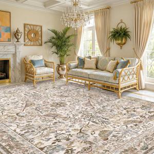 Vintage Moss Green 8x10 Washable Area Rugs for Living Room - Soft Floral Rug for Bedroom, Dining Room, Light Brown Taupe Low Pile Stain Resistant Bird Floral Bird Carpet