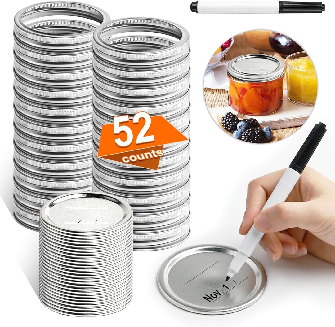 52 PCS Mason Jar Lids and Rings Wide Mouth, Reusable Large Canning Lids for Mason Jars, Food Grade Material Fit & Airtight, Lids for Mason Jars Complimentary whiteboard marker